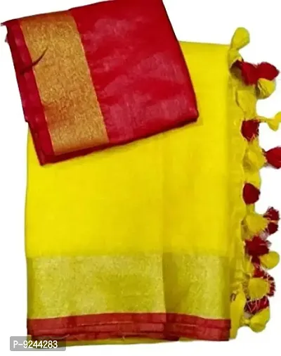 Bhagalpuri Handwoven Linen Cotton Blended Saree With Blouse Piece (Red-Yellow)-thumb0