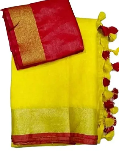 Bhagalpuri Handwoven Linen Blended Saree With Blouse Piece (Red-Yellow)