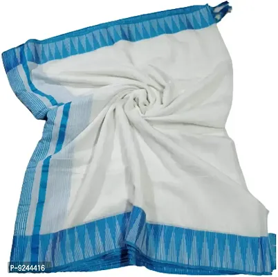 Bhagalpuri Handloom Women's Kota Silk Temple Border Saree With Stripes Blouse Piece Attached (Cyan-Blue?White)