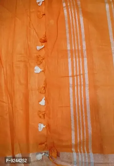 Attractive Cotton Linen Blend Saree With Blouse Piece Attached 1 Mtr Extra Ikkat Cotton Blouse Piece (Orange) S Black)-thumb2