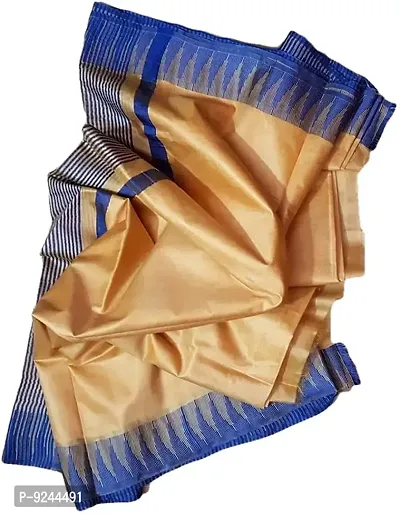 Bhagalpuri Handloom Women's Kota Silk Temple Border Handwoven Saree With Stripes Blouse Piece Attached (Blie?Cream)