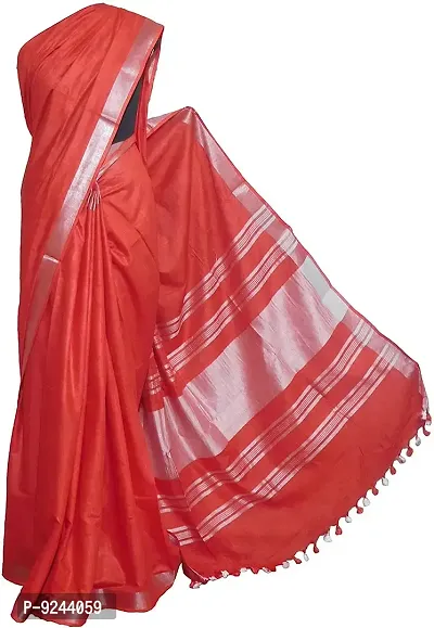 Bhagalpuri Handloom Women's Linen Slub Saree With Running Blouse Piece Attached (Silver-Red)