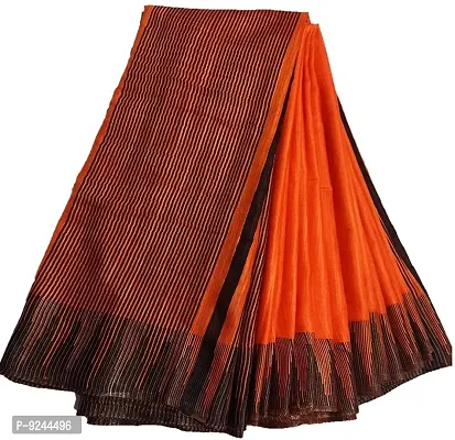 Bhagalpuri Handloom Women's Kota Silk Temple Border Handwoven Saree With Stripes Blouse Piece Attached (Black?Dark-Orange)