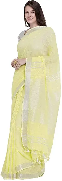 Linen Cotton Saree With Blouse Piece For Women's (Lemon Yellow)-thumb1