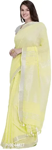 Linen Cotton Saree With Blouse Piece For Women's (Lemon Yellow)-thumb2