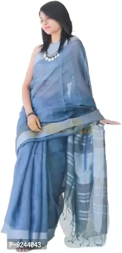 Bhagalpuri Handloom Women's Linen Slub Saree With Running Blouse Piece Attached (Silver-Grey)