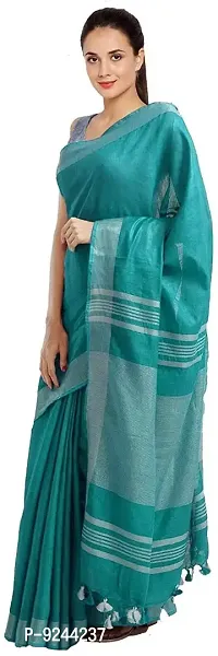 Bhagalpuri Handloom Linen Slub Saree With Running Blouse Piece Attached For Women's (Silver-Rama)