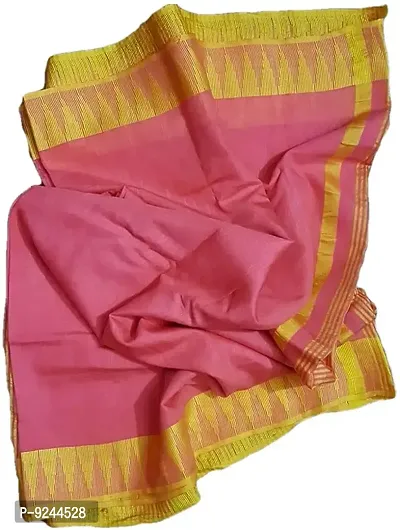 Bhagalpuri Handloom Women's Kota Silk Temple Border Handwoven Saree With Stripes Blouse Piece Attached (Orange?Gajri-Pink)