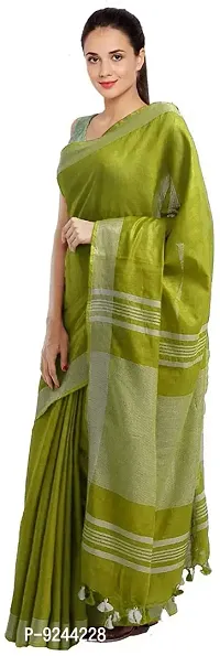 Bhagalpuri Handloom Linen Slub Saree With Running Blouse Piece Attached For Women's (Silver?Green)