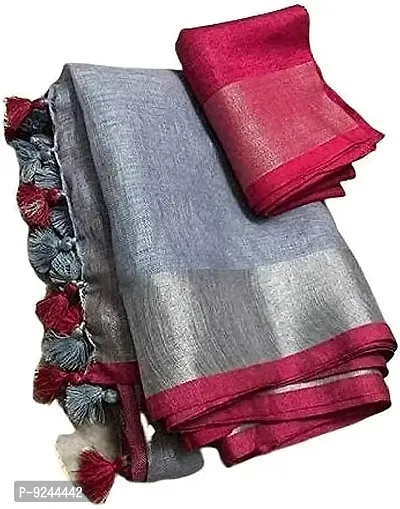 Pure Cotton Linen Blend Handloom Saree With Blouse Piece (Grey) S Pink)-thumb0