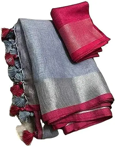 Pure Linen Blend Handloom Saree With Blouse Piece (Grey) S Pink)