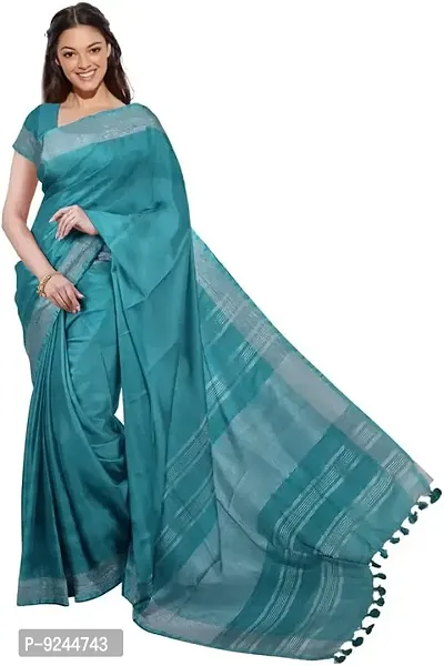 Bhagalpuri Handloom Linen Blend Saree For Women's With Running Unstiched Blouse Piece (Cyan (Blue))-thumb4