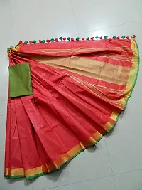 Bhagalpuri Handloom Women's Linen Slub Saree with Contrast Blouse Piece (Green Gold Red)-thumb1