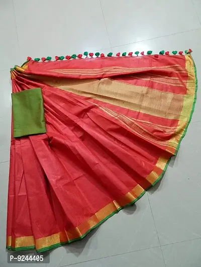 Bhagalpuri Handloom Women's Linen Slub Saree with Contrast Blouse Piece (Green Gold Red)-thumb2
