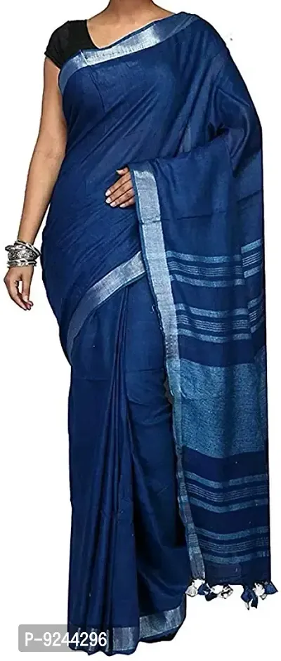 Linen Blended Handloom Bhagalpuri Saree With Running Blouse Piece Attached For Women's (Deep-Sea-Blue)-thumb0