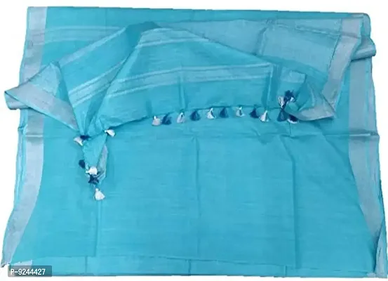 Bhagalpuri Handloom Women's Linen Slub Saree with Contrast Blouse Piece (Silver S Turquoise)