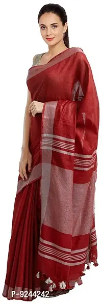 Bhagalpuri Handloom Linen Slub Saree With Running Blouse Piece Attached For Women's (Silver-Maroon)
