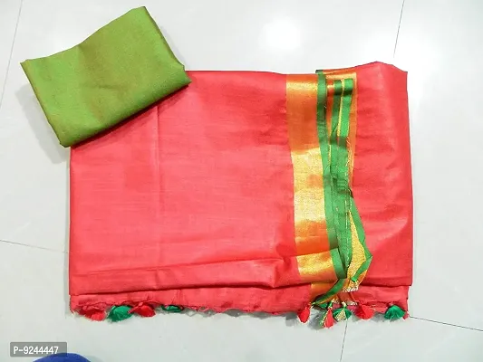 Handloom Women's Bhagalpuri Linen Cotton Saree With Blouse Piece (Green S.C?Red)-thumb4