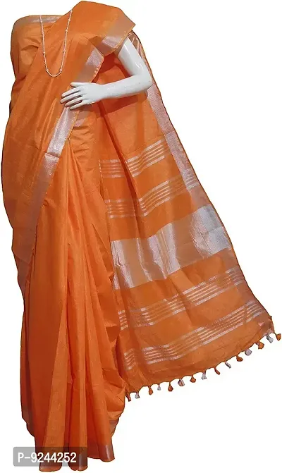 Attractive Cotton Linen Blend Saree With Blouse Piece Attached 1 Mtr Extra Ikkat Cotton Blouse Piece (Orange) S Black)-thumb0