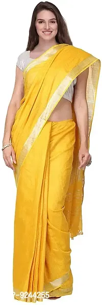 Bhagalpuri Handloom Women's Linen Slub Saree With Running Blouse Piece Attached (Silver-Mango-Yellow)
