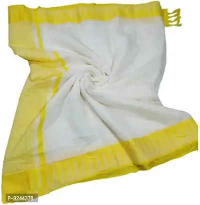 Bhagalpuri Handloom Women's Kota Silk Bunty Temple Saree With Stripes Blouse Piece Attached (Yellow-White)