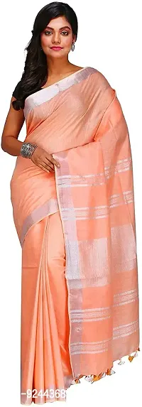 Linen Blended Handloom Bhagalpuri Saree With Running Blouse Piece Attached For Women's (Almond)-thumb0