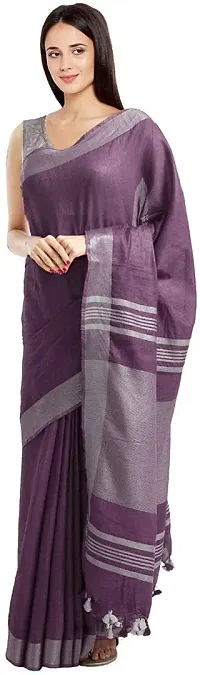 Bhagalpuri Handloom Linen Slub Saree With Running Blouse Piece Attached For Women's (Silver?Purple)-thumb2