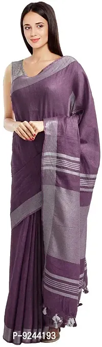 Bhagalpuri Handloom Linen Slub Saree With Running Blouse Piece Attached For Women's (Silver?Purple)-thumb3