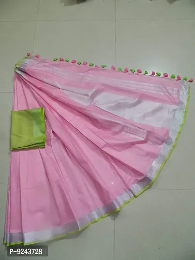 NR Attractive Handwoven Cotton Linen Saree (Parrot -Baby-Pink)-thumb2