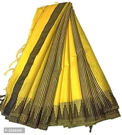 Bhagalpuri Handloom Women's Kota Silk Temple Border Handwoven Saree With Stripes Blouse Piece Attached (Black?Yellow)