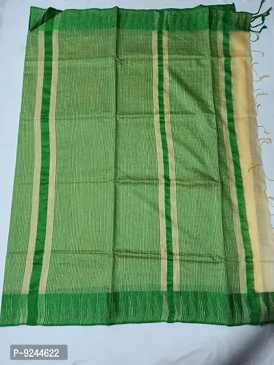 Bhagalpuri Handloom Women's Kota Silk Temple Border Handwoven Saree With Stripes Blouse Piece Attached (Dark-Green?Cream)-thumb3