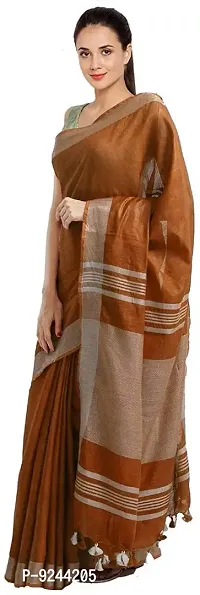 Bhagalpuri Handloom Linen Slub Saree With Running Blouse Piece Attached For Women's (Silver?Brown)