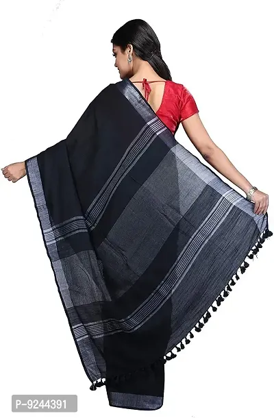 Linen Blended Handloom Bhagalpuri Saree With Running Blouse Piece Attached For Women's (Black)-thumb3