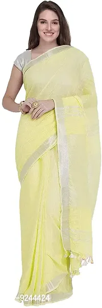 Bhagalpuri Handloom Linen Blended Zari Border Saree For Women's With Running Blouse Piece Attached (Banana-Yellow)