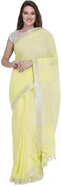 Linen Saree With Blouse Piece For Women's (Lemon Yellow)