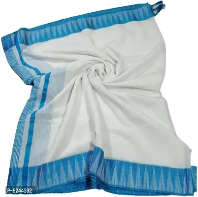 Bhagalpuri Handloom Women's Kota Silk Bunty Temple Saree With Stripes Blouse Piece Attached (Firoja-White)