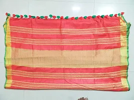 Bhagalpuri Handloom Women's Linen Slub Saree with Contrast Blouse Piece (Green Gold Red)-thumb4