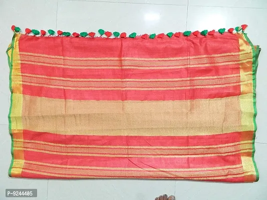 Bhagalpuri Handloom Women's Linen Slub Saree with Contrast Blouse Piece (Green Gold Red)-thumb5