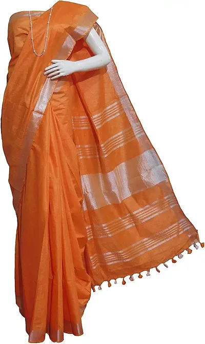 Attractive Linen Blend Saree With Blouse Piece Attached 1 Mtr Extra Ikkat Blouse Piece (Orange) S Black)