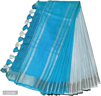 NR Handloom Women's Bhagalpuri Linen Blend Saree With Blouse Piece (NR_1587_Cyan And White)-thumb0