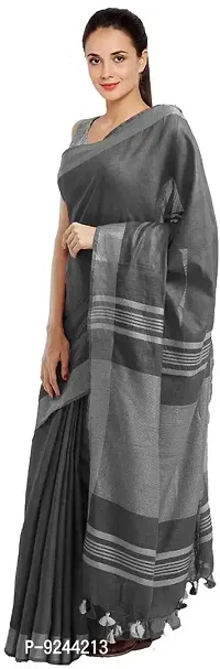 Bhagalpuri Handloom Linen Slub Saree With Running Blouse Piece Attached For Women's (Silver-Grey)