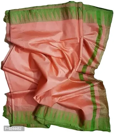 Bhagalpuri Handloom Women's Kota Silk Temple Border Handwoven Saree With Stripes Blouse Piece Attached (Mehende?Piech)