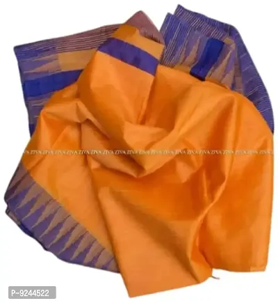 Bhagalpuri Handloom Women's Kota Silk Temple Border Handwoven Saree With Stripes Blouse Piece Attached (Blue?Orange)