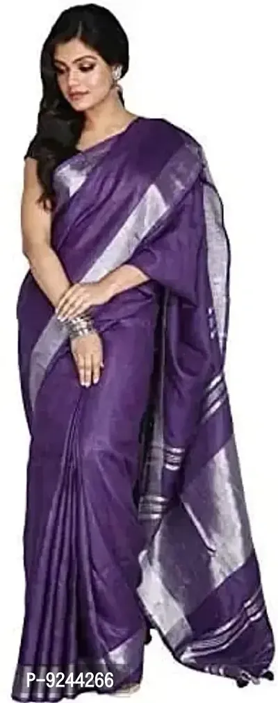 Bhagalpuri Handloom Women's Linen Slub Saree With Running Blouse Piece Attached (Silver-Dark-Purple)