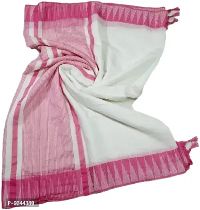 Bhagalpuri Handloom Women's Kota Silk Temple Border Saree With Stripes Blouse Piece Attached (Pink?White)-thumb0