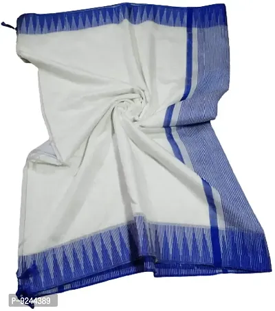 Bhagalpuri Handloom Women's Kota Silk Bunty Temple Saree With Stripes Blouse Piece Attached (Blue-White)