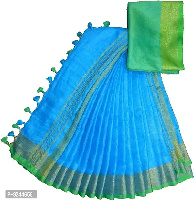 NR Handloom Women's Bhagalpuri Linen Slub Saree With Blouse Piece (NR_1436_Light Sky Blue, Green)-thumb0
