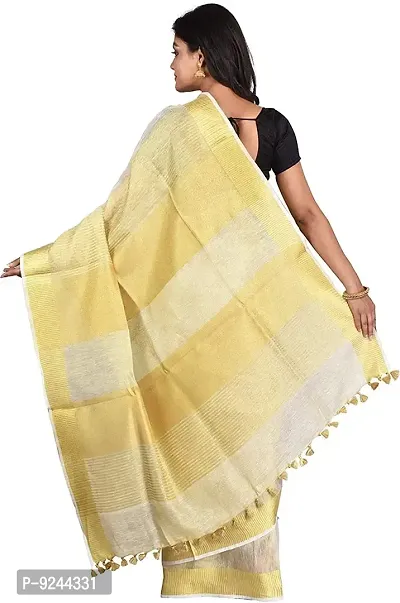 Handloom Women's Bhagalpuri Original  Pure Tissue Linen Saree With Running Blouse Piece (Gold with white)-thumb3