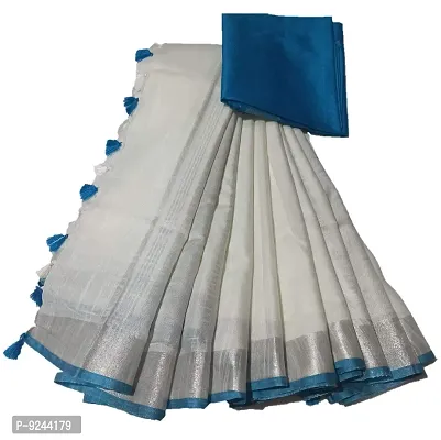 HANDLOOM FABRIC Women's Bhagalpuri linen Slub Saree with Contrast Blouse Piece ( HF0364 , Firozi Silver White)