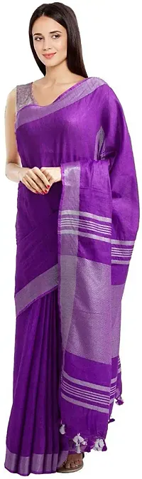 Bhagalpuri Handloom Linen Slub Saree With Running Blouse Piece Attached For Women's (Silver-Purple)-thumb2